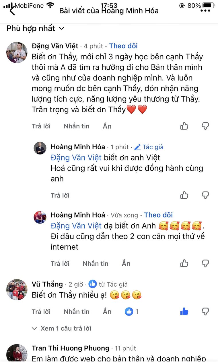 Bình luận của học viên Đặng Văn Việt dưới bài viết Facebook của Hoàng Minh Hóa