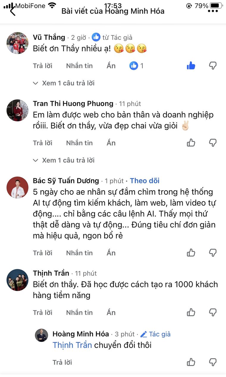 Bình luận của các học viên Bác Sỹ Tuấn Dương, Thịnh Trần dưới bài viết Facebook