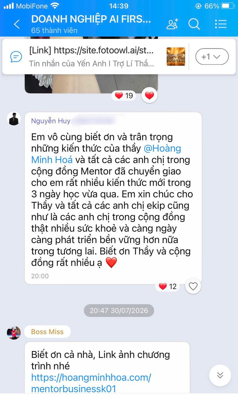 Tin nhắn cảm ơn của học viên Nguyễn Huy trong nhóm Doanh Nghiệp AI First