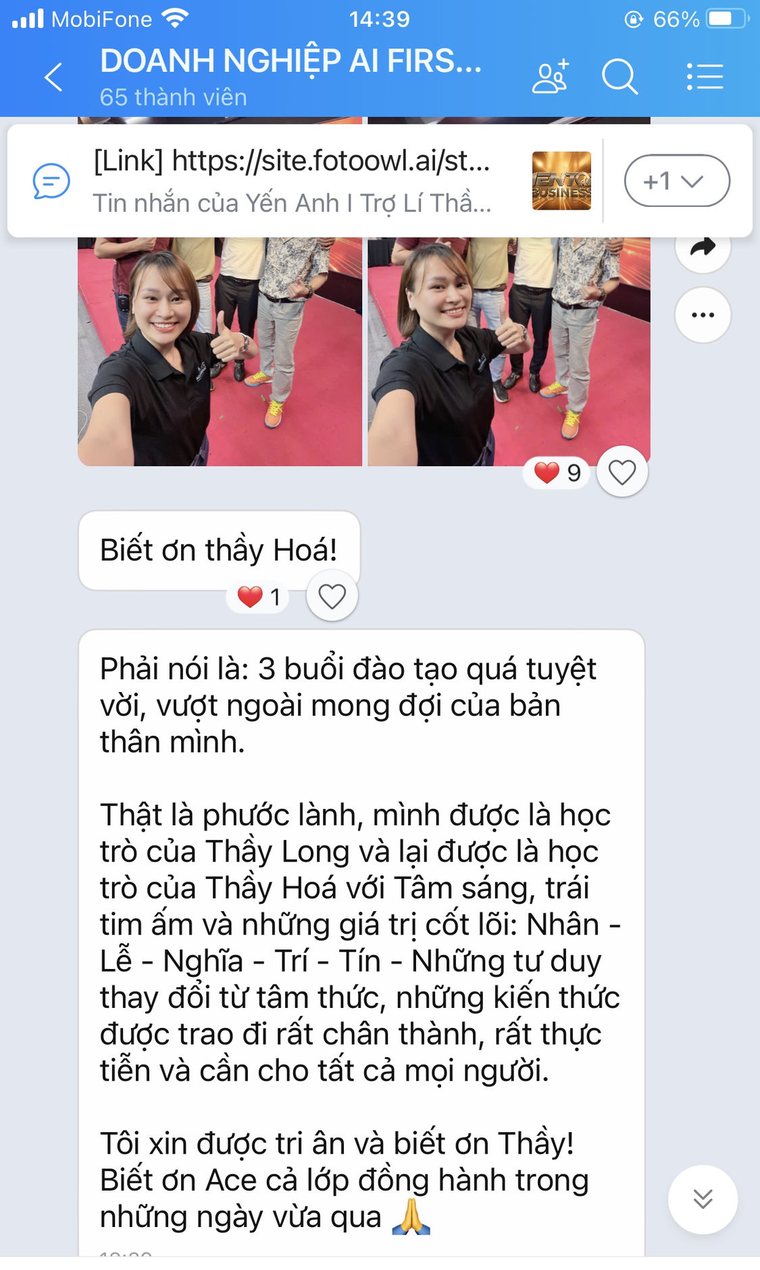 Tin nhắn cảm nhận của học viên sau 3 buổi đào tạo trong nhóm Doanh Nghiệp AI First